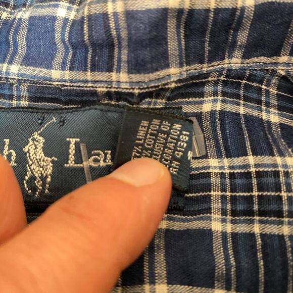 Ralph Lauren Shirt Mens XL Linen Cotton Blue Button Down Plaid Classic Fit - Picture 5 of 8